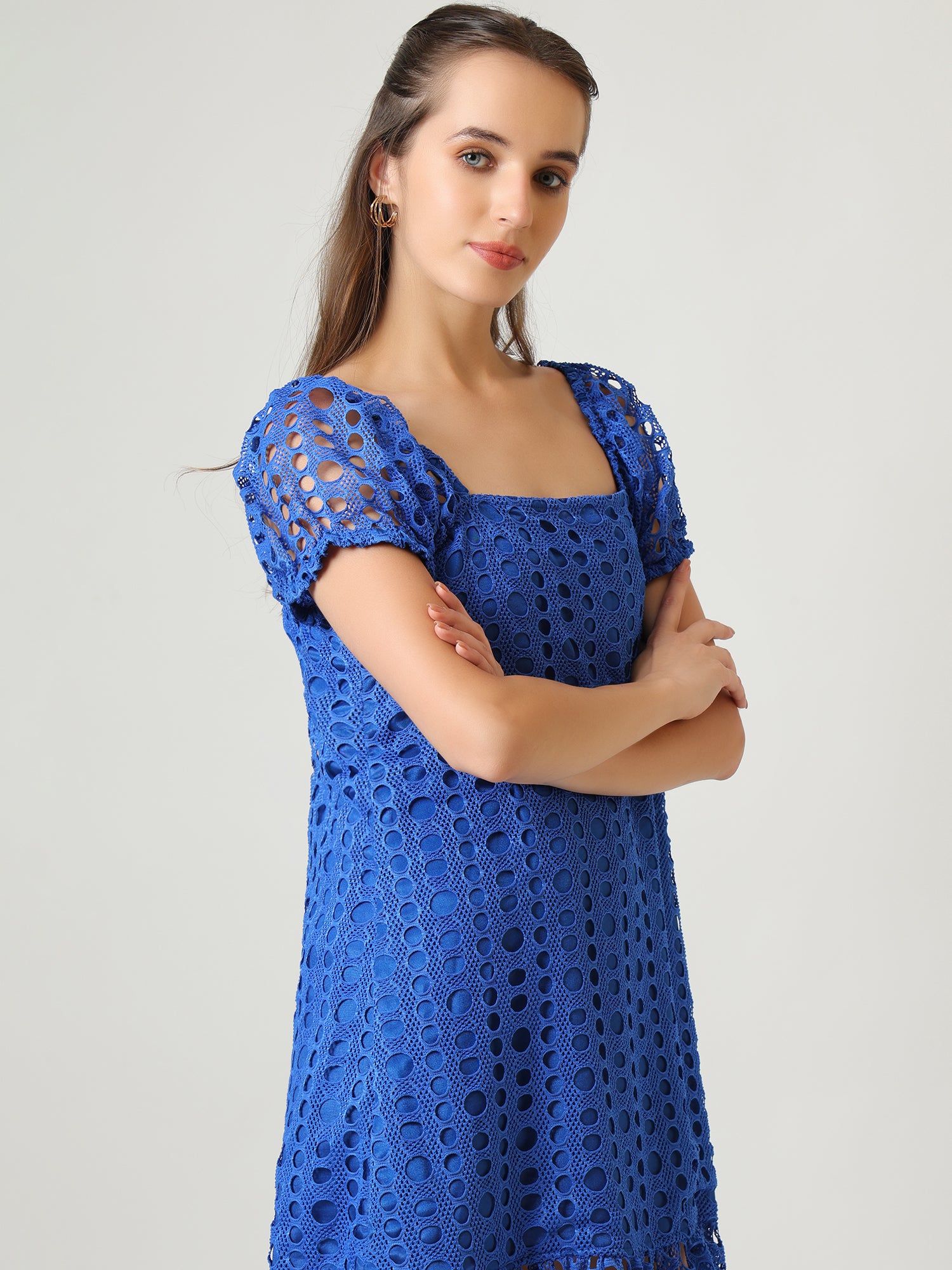 Royal Blue Cutwork Lace Mini Dress