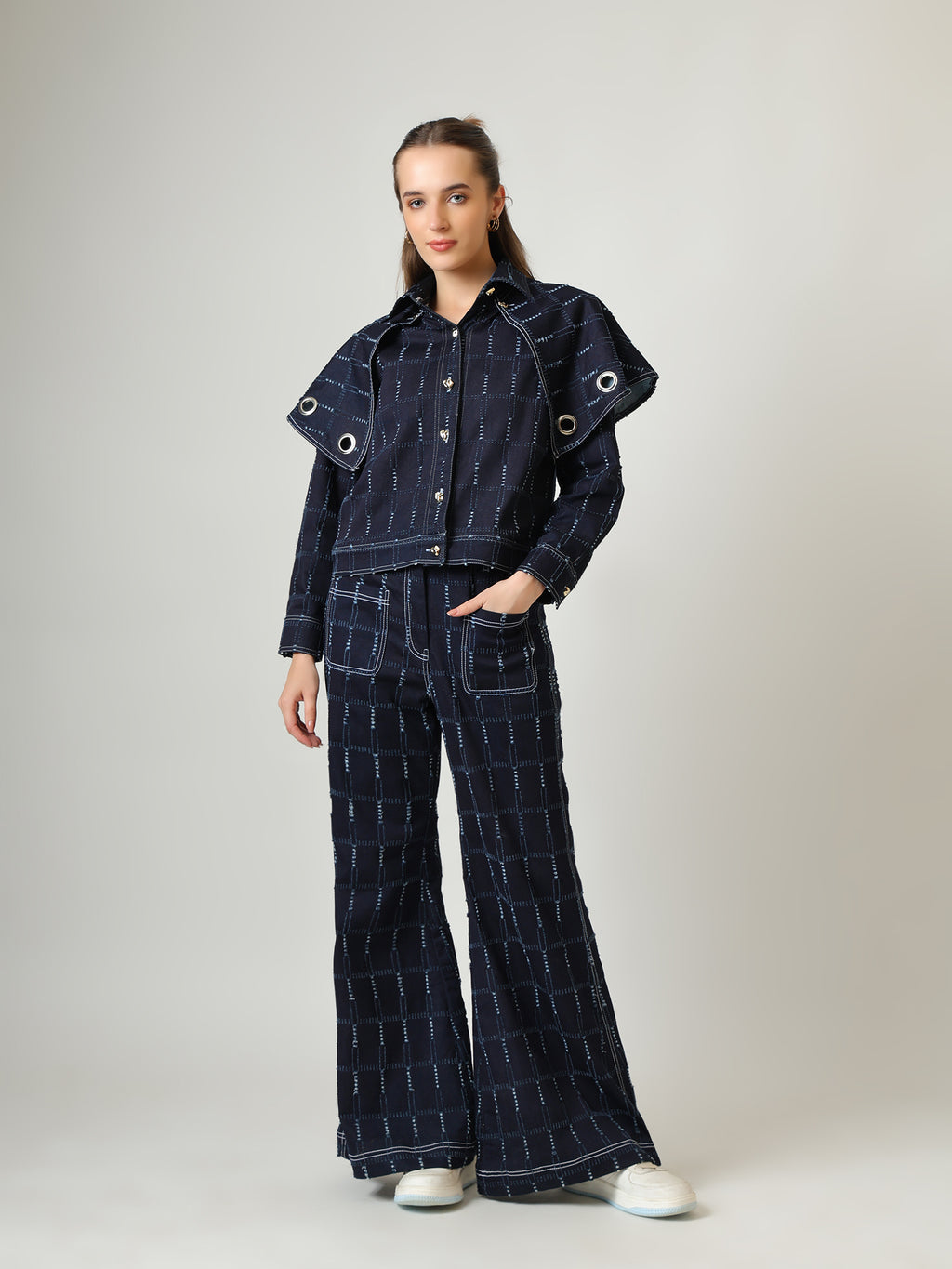 Denim Co-ord Set – Jacket with Detachable Cape & Wide-Leg Trousers
