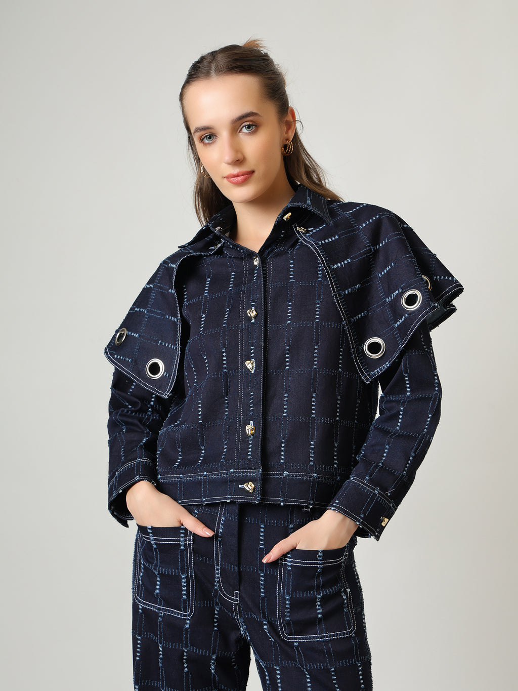 Denim Co-ord Set – Jacket with Detachable Cape & Wide-Leg Trousers