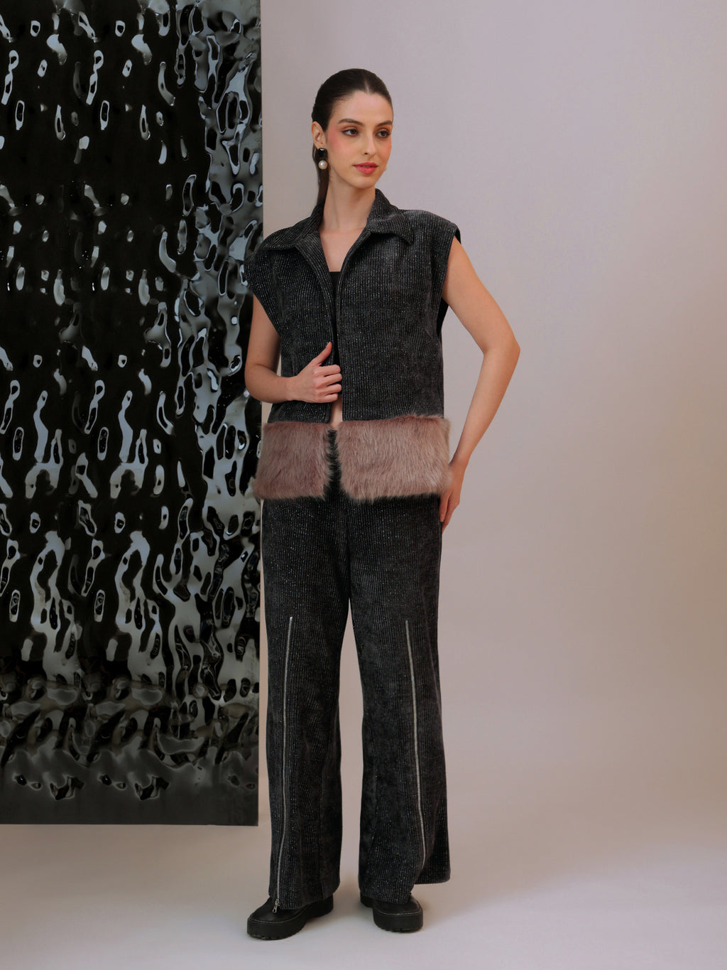 Plush Fur Hem Jacket Co-ord Set