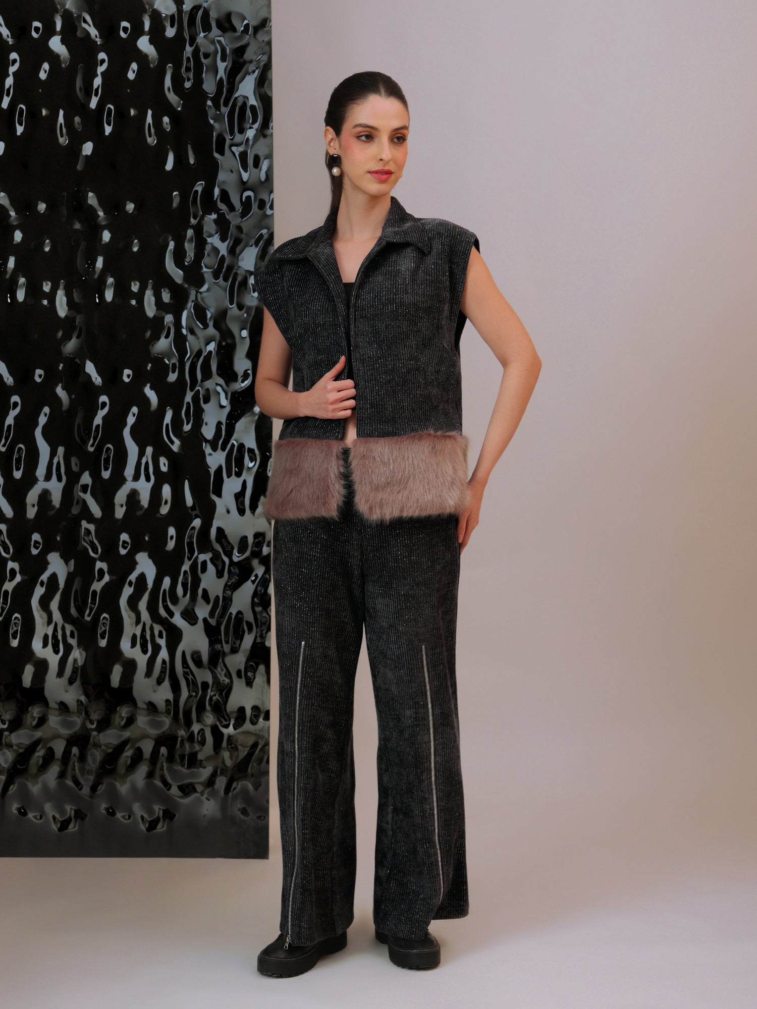 Plush Fur Hem Jacket Co-ord Set