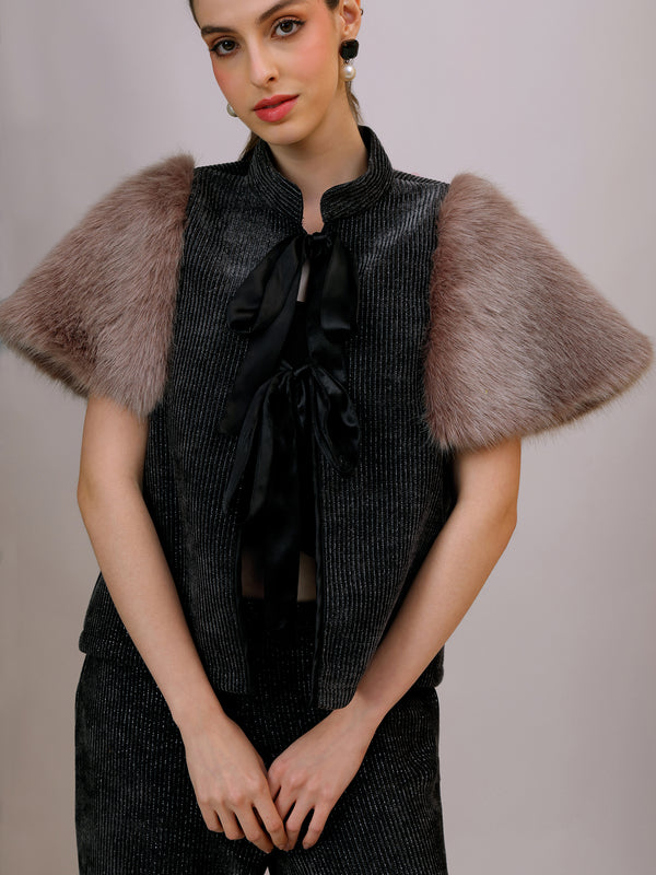 Plush Tie- Up Fur Jacket