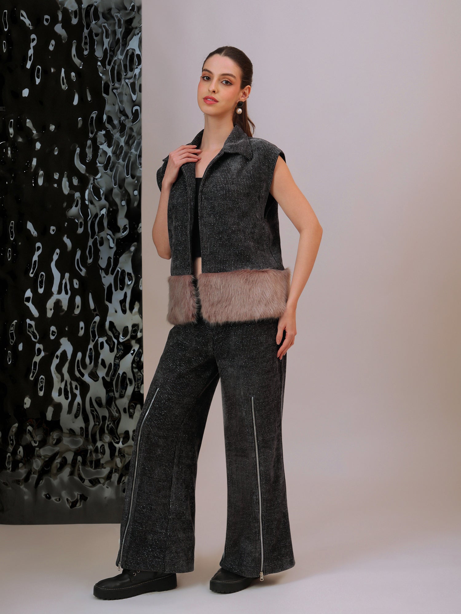 Plush Fur Hem Jacket Co-ord Set