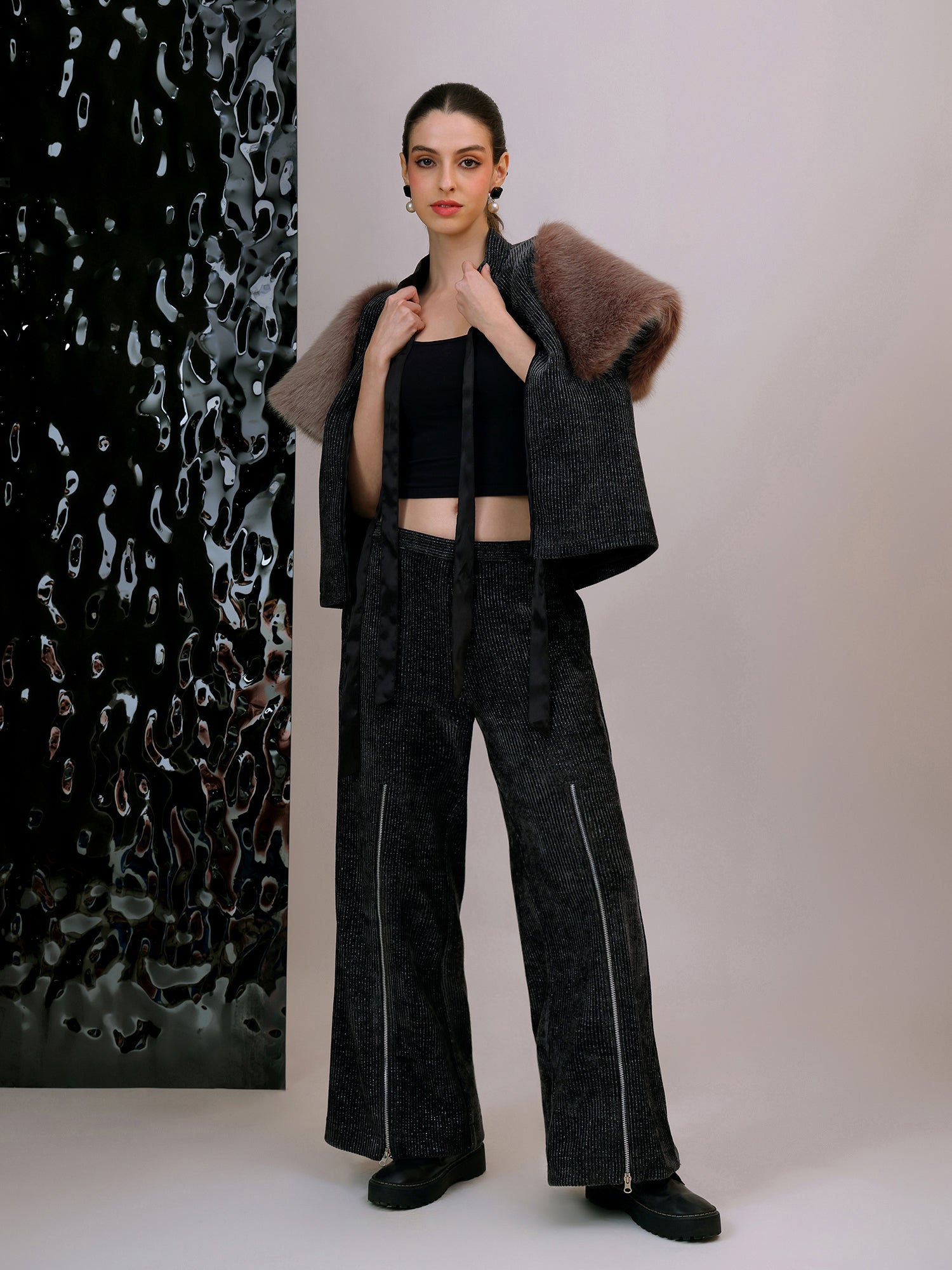 Plush Tie-Up Fur Jacket Co-ord Set