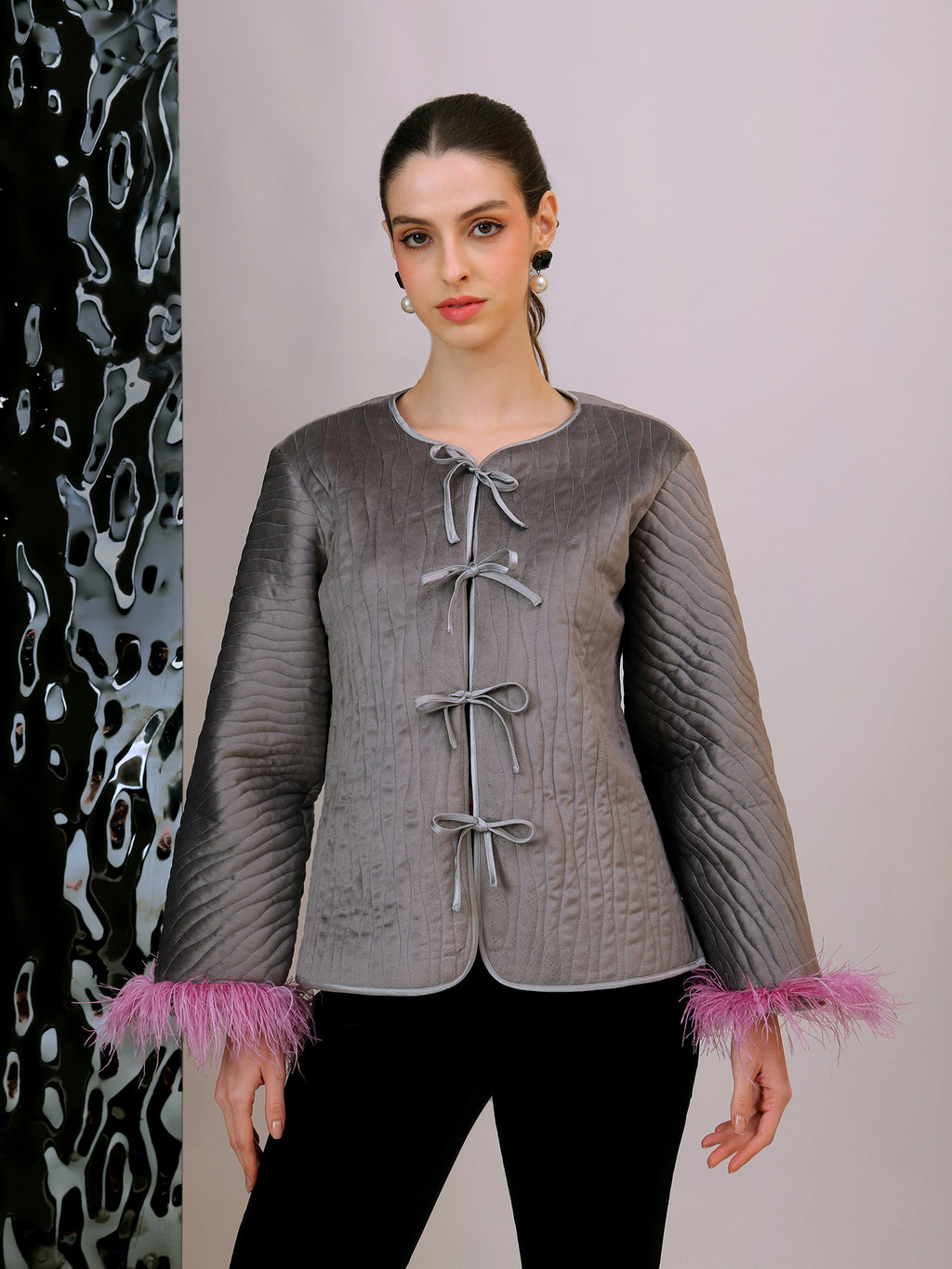 Grey Quilted Jacket with Feathered Cuffs