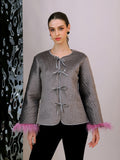 Grey Quilted Jacket with Feathered Cuffs