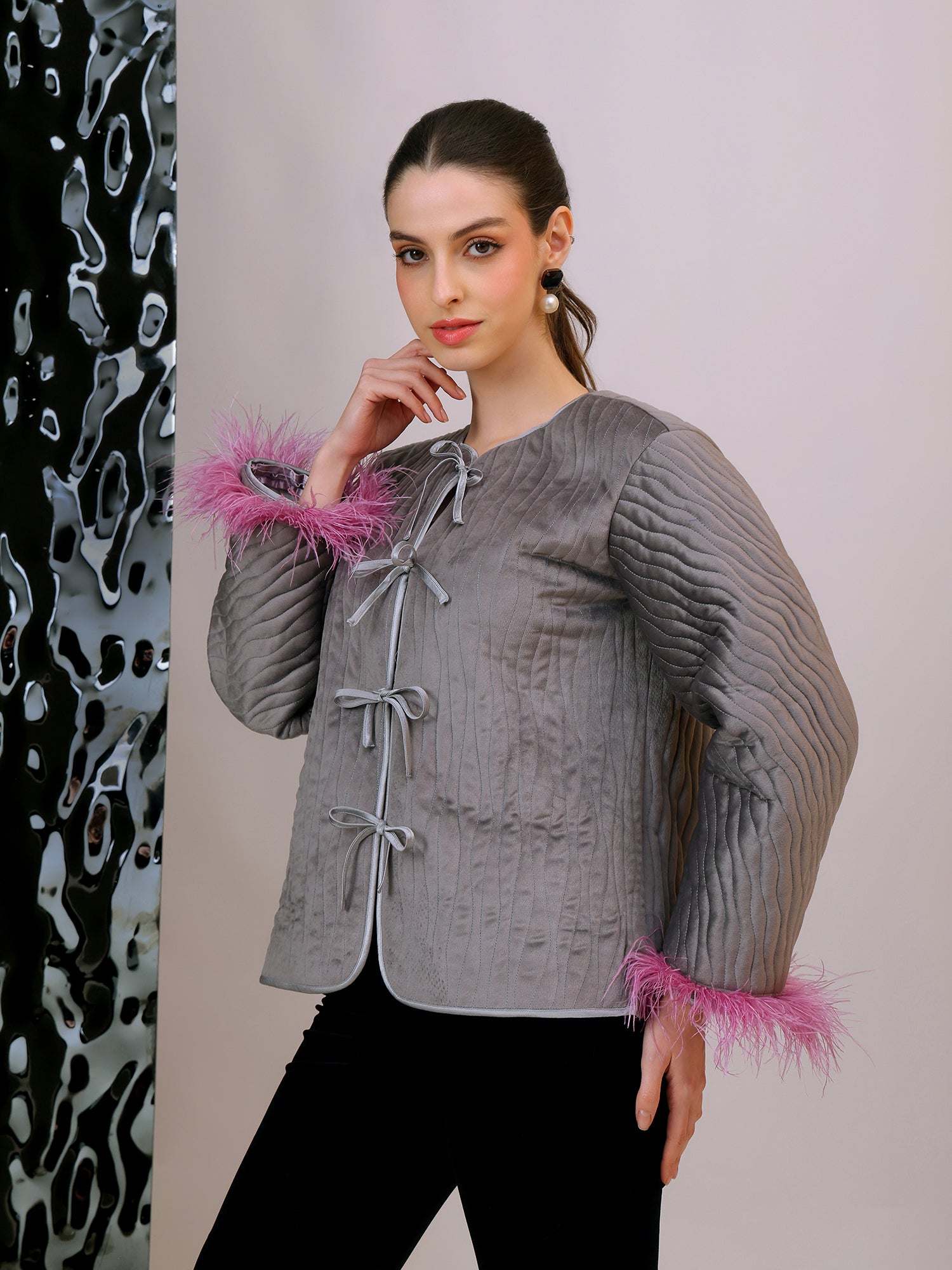 Grey Quilted Jacket with Feathered Cuffs