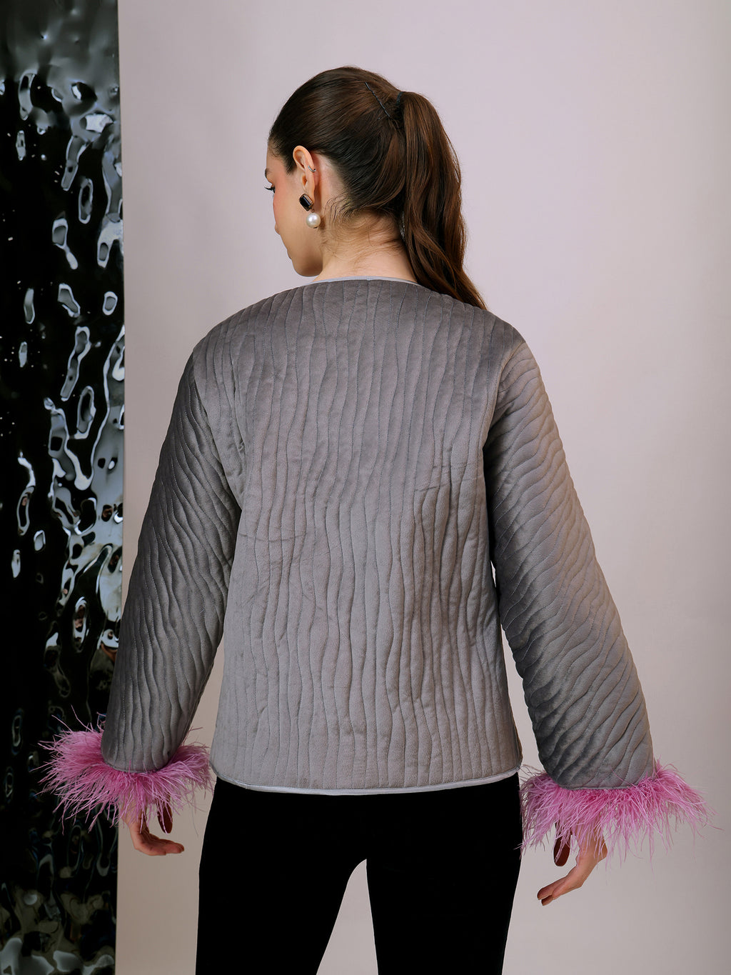 Grey Quilted Jacket with Feathered Cuffs