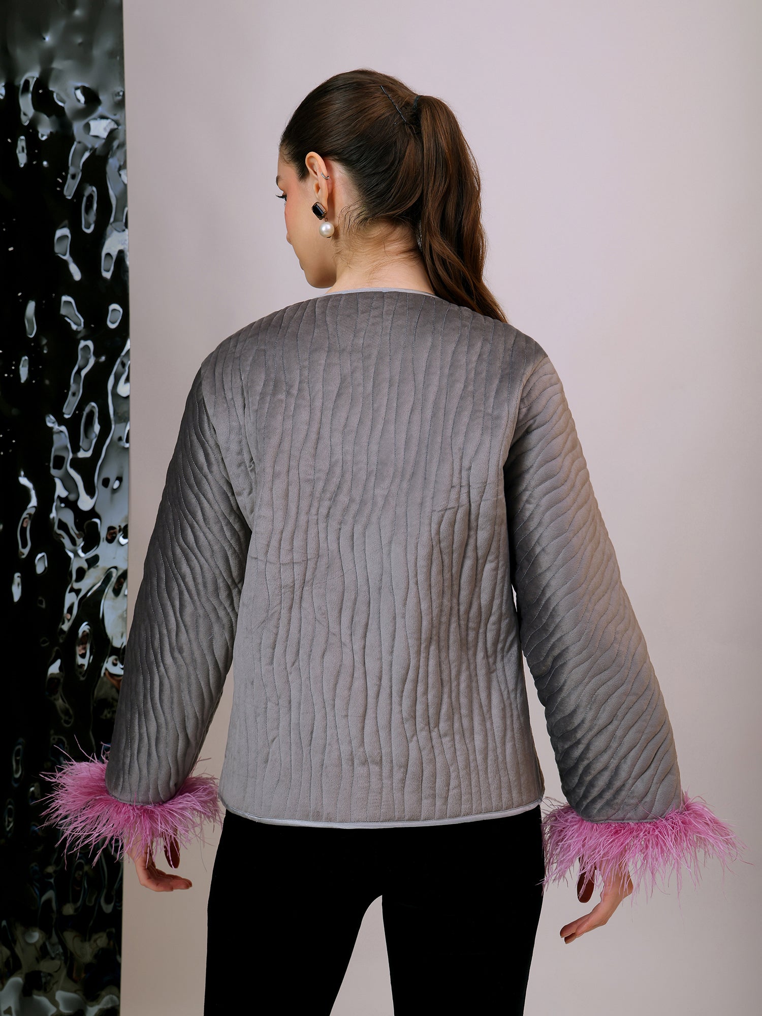 Grey Quilted Jacket with Feathered Cuffs