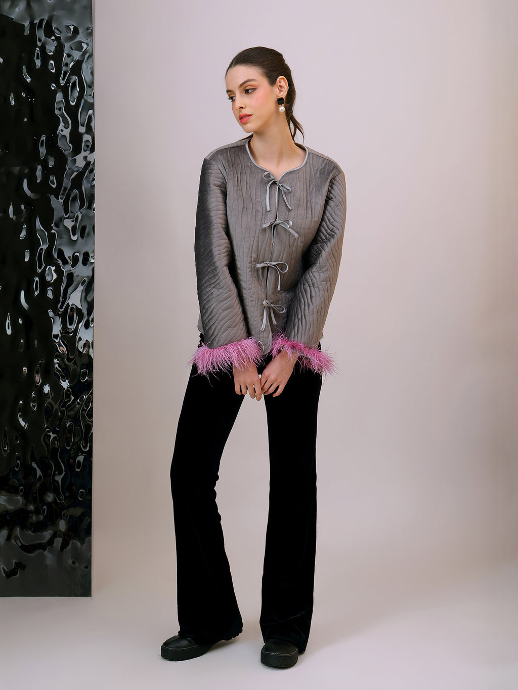 Grey Quilted Jacket with Feathered Cuffs