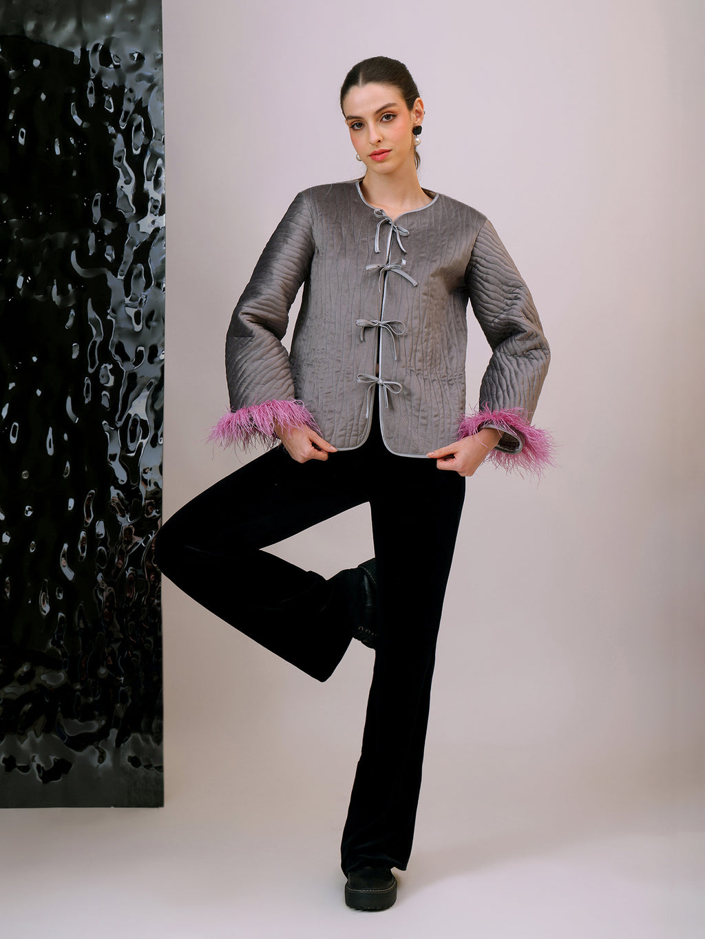 Grey Quilted Jacket with Feathered Cuffs