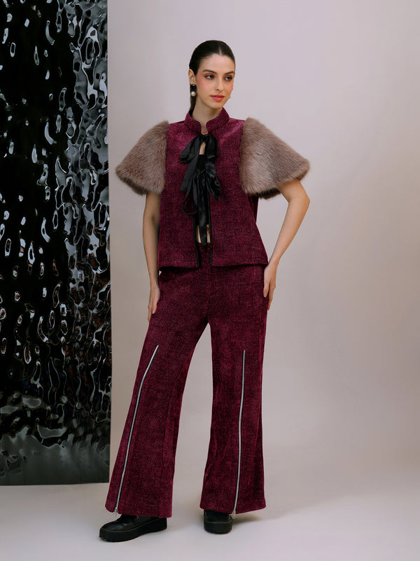 Plush Tie-Up Fur Co-ord ( Burgundy)