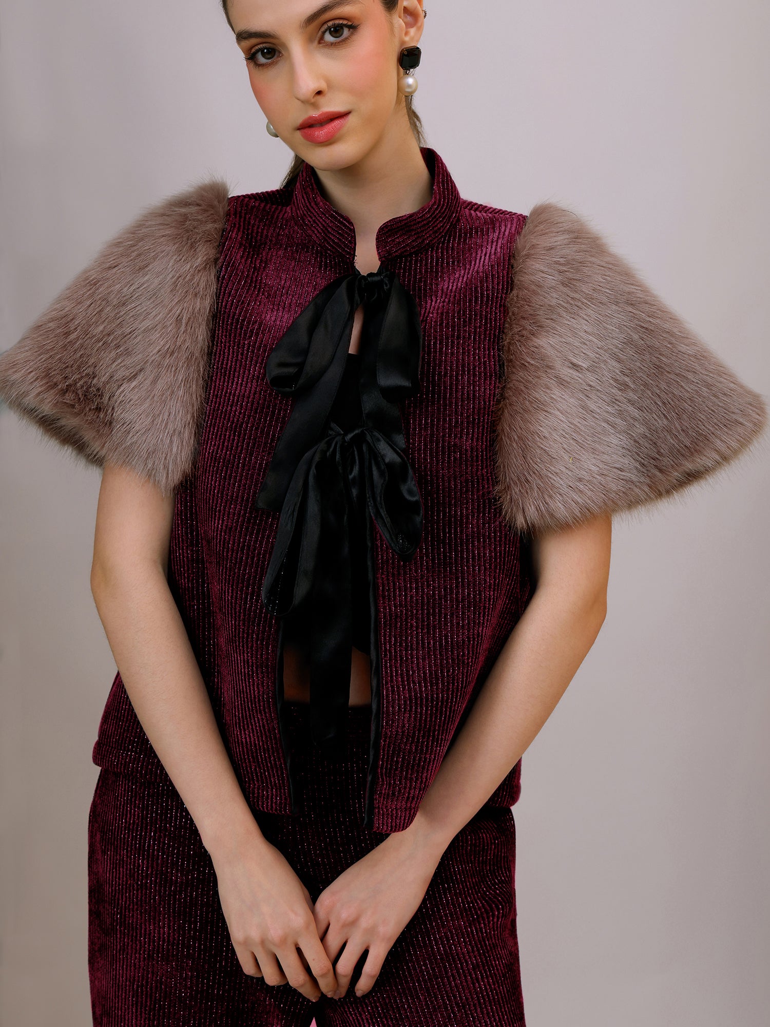 Plush Tie-Up Fur Co-ord ( Burgundy)