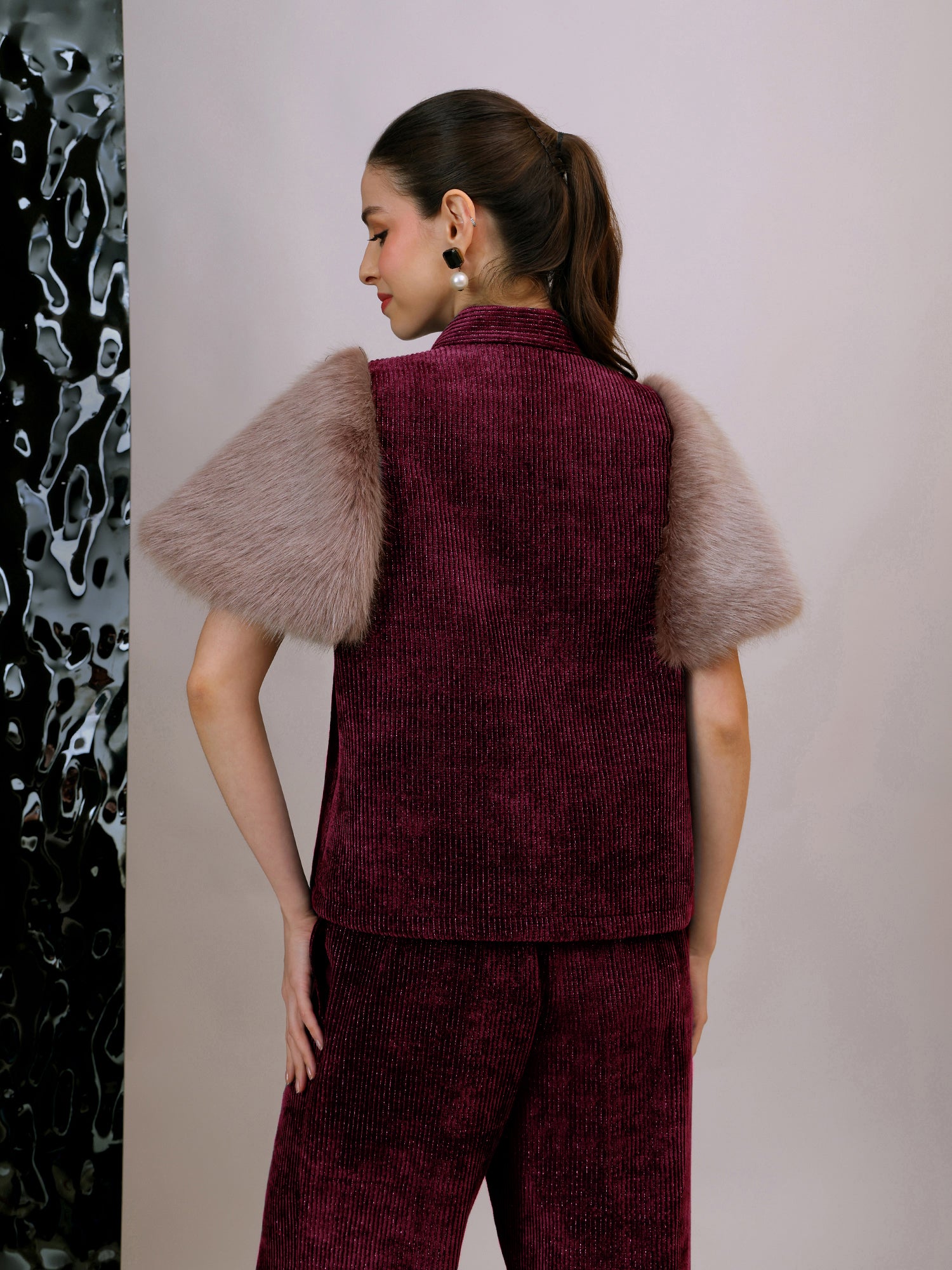 Plush Tie-Up Fur Co-ord ( Burgundy)