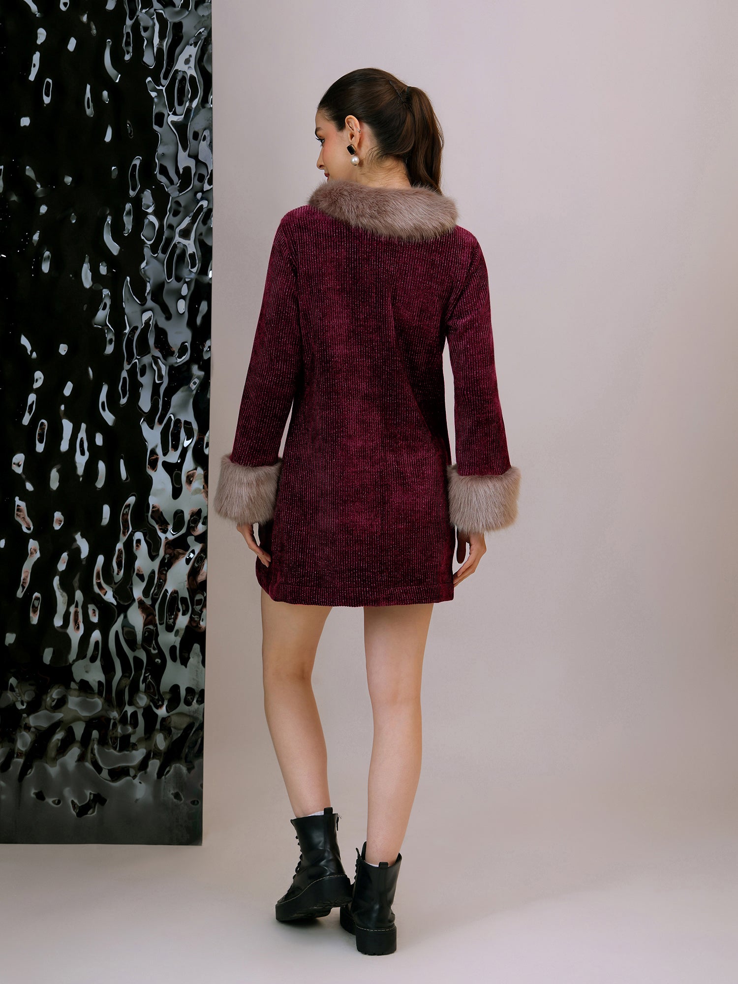 Plush Winter Coat Dress ( Burgundy)