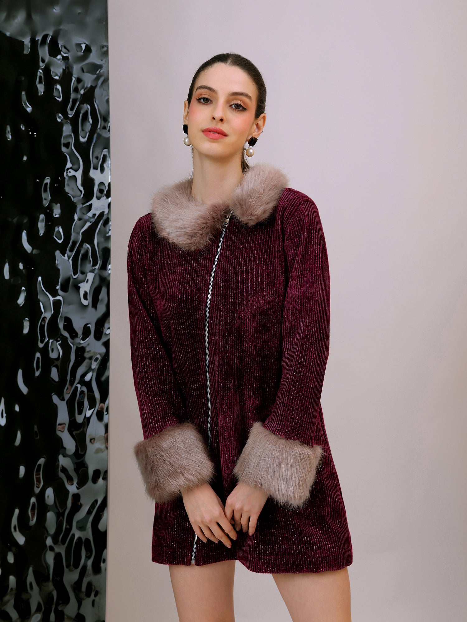 Plush Winter Coat Dress ( Burgundy)