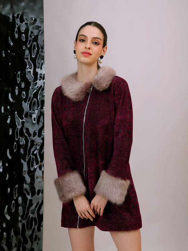Plush Winter Coat Dress ( Burgundy)