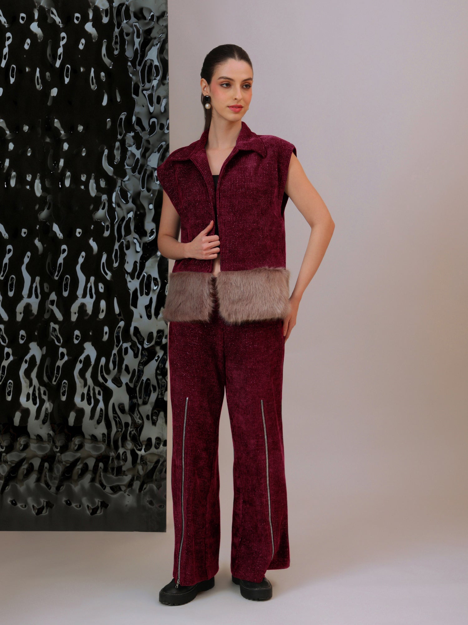 Plush Fur Hem Jacket Co-ord Set