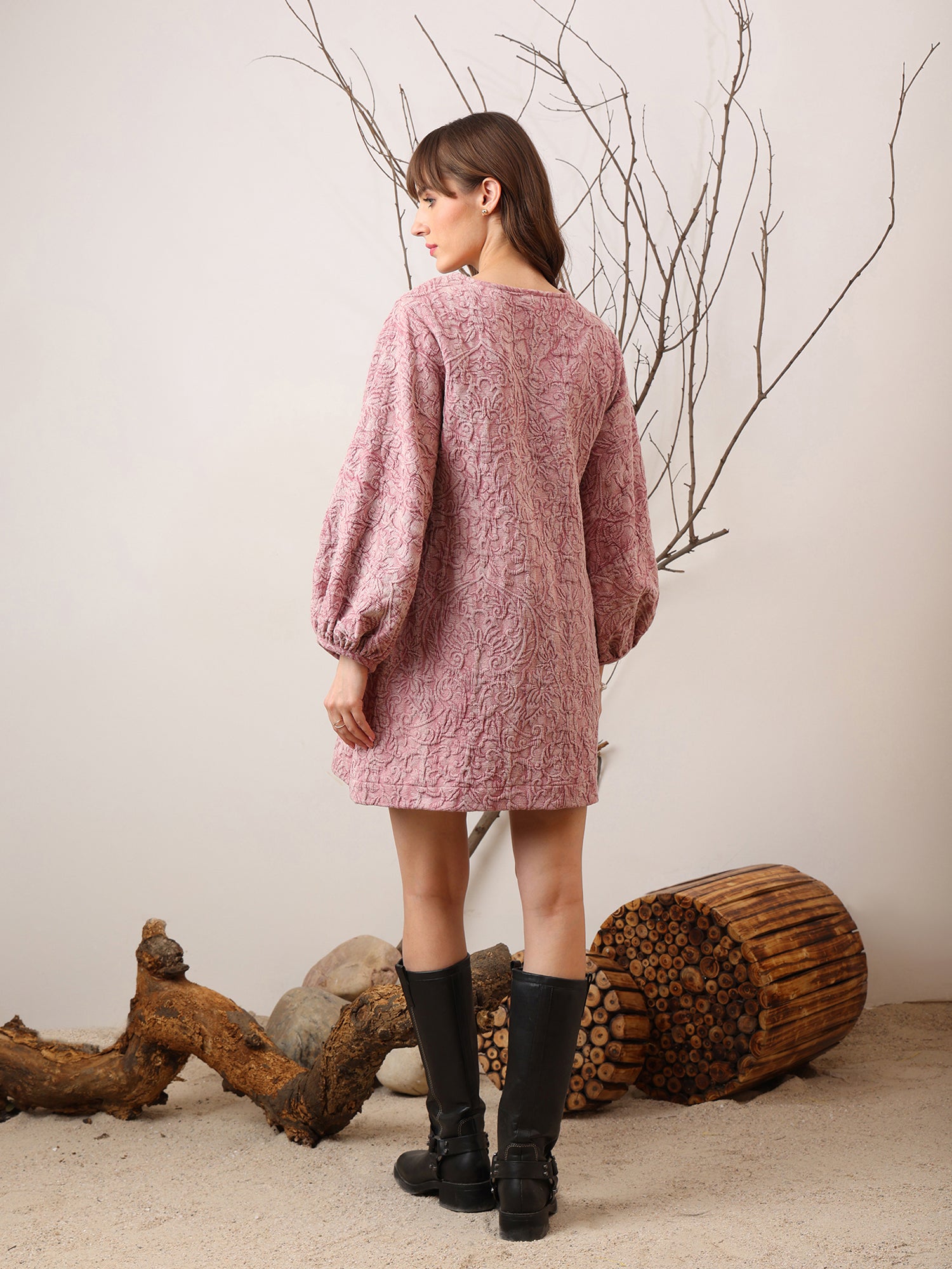 Textured Pink Long-Sleeve Dress