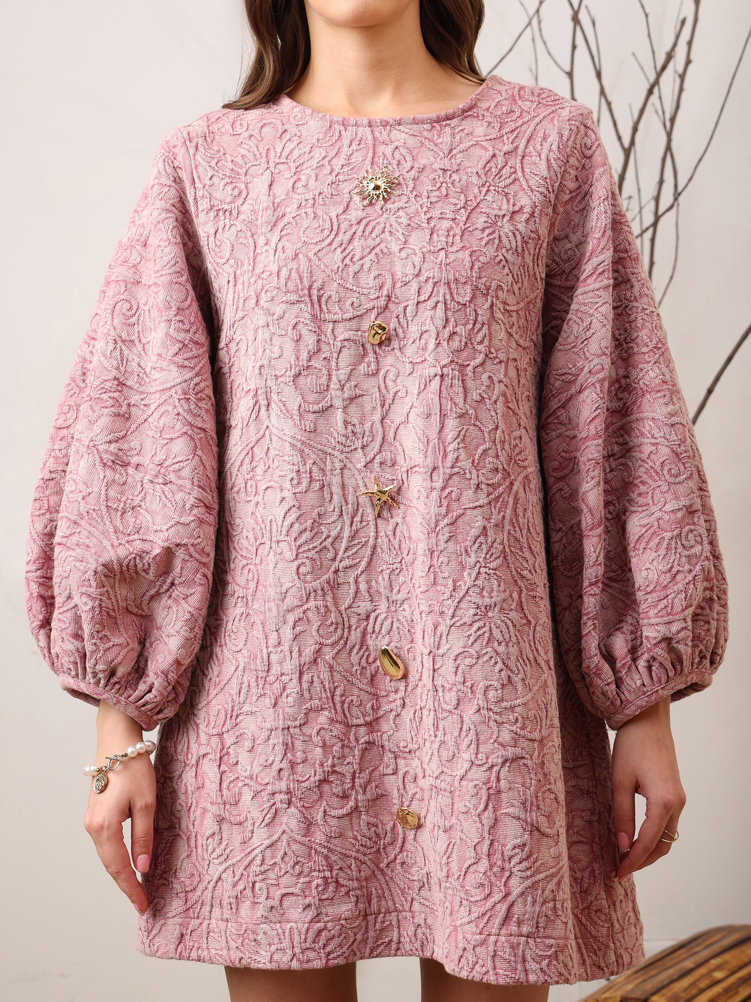 Textured Pink Long-Sleeve Dress